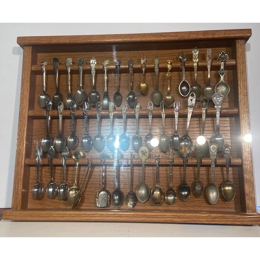 Collectible Souvenir Spoons with Wooden Display Case 44 Spoons Total